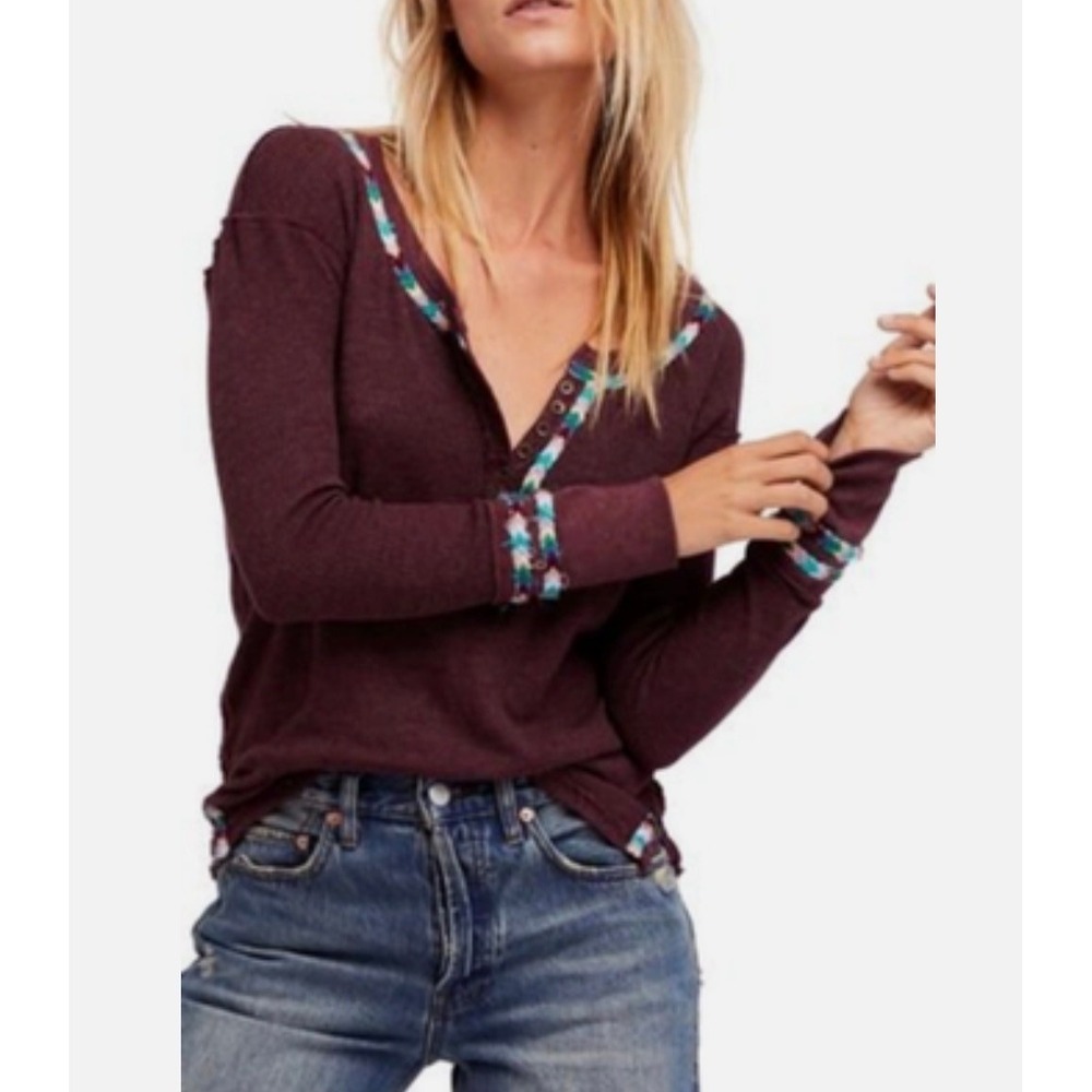 We The Free Thermal Henley Waffle Top Medium Boho Fall Embroidered Long Sleeve